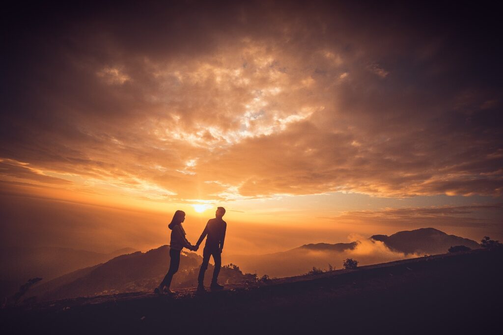 sunset, couple, sky, clouds, mountain, love, nature, couple, love, love, love, love, love